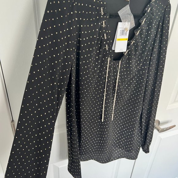 Michael Kors Long sleeve black blouse with gold polka dots and chain NWT - Picture 2 of 7